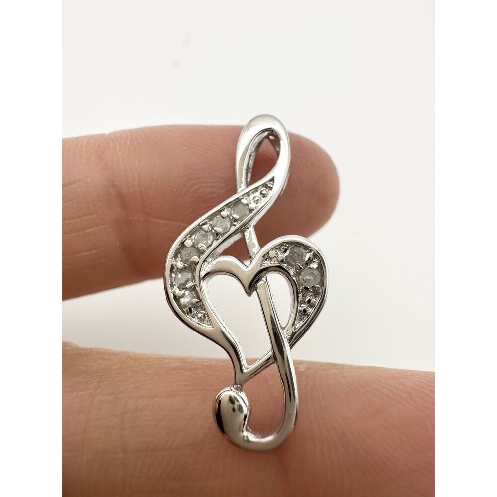 Treble Clef Pendant Heart Music Note Genuine Diamond 925 Sterling Silver